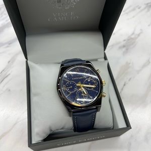 Vince Camuto Multifunction Faux Leather Navy Band Watch - MENS